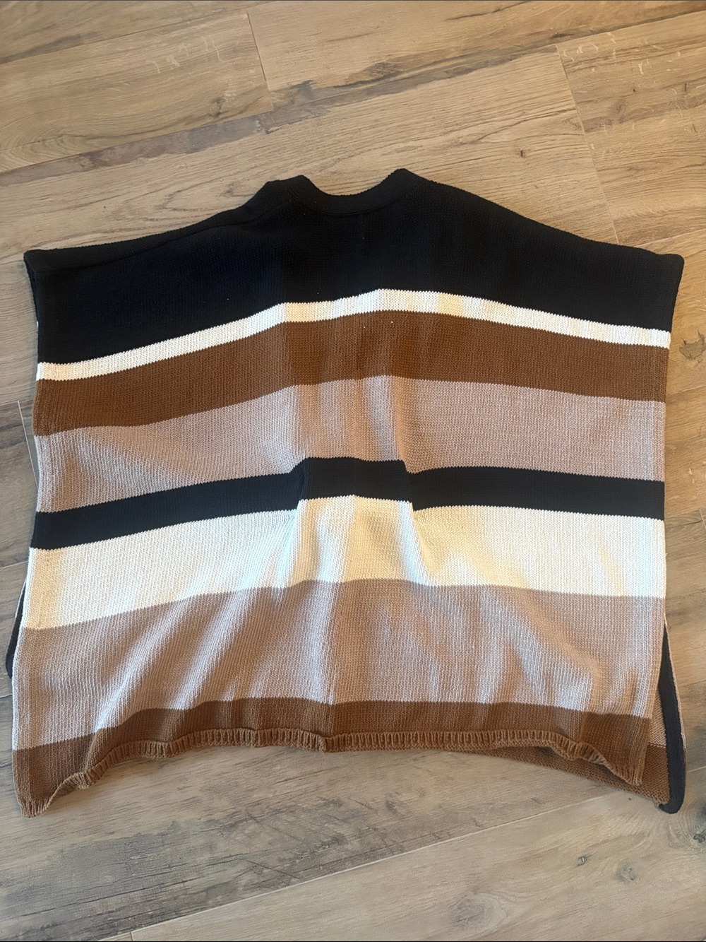 Striped V-Neck Tie-Waist Poncho Sweater - Black, Brown & Cream - Picture 2 of 2